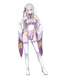 Rule 34 | 1girl, absorbedflax, absurdres, adapted costume, bare hips, boots, braid, breasts, cleavage, closed mouth, contrapposto, crown braid, detached collar, detached sleeves, emilia (re:zero), flower, full body, groin, hair flower, hair ornament, hair ribbon, hand on own hip, highres, long hair, long sleeves, looking at viewer, medium breasts, no panties, pelvic curtain, purple eyes, purple ribbon, re:zero kara hajimeru isekai seikatsu, ribbon, sideboob, simple background, smile, solo, standing, thigh boots, very long hair, white background, white flower, white footwear, white hair, white sleeves, wide sleeves