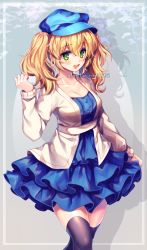 Rule 34 | 1girl, artist name, black thighhighs, blonde hair, blue dress, blue hat, blush, breasts, cardigan, cleavage, collarbone, commission, cowboy shot, dokibird (vtuber), dress, frilled dress, frills, green eyes, hair between eyes, hat, highres, indie virtual youtuber, long sleeves, looking at viewer, md5 mismatch, medium breasts, open mouth, sasucchi95, short hair, short twintails, smile, solo, standing, sweater, thighhighs, twintails, virtual youtuber, white cardigan, zettai ryouiki