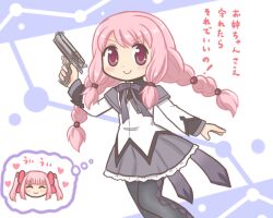 1girl akemi_homura akemi_homura_(cosplay) akemi_homura_(magical_girl) argyle_clothes argyle_legwear bad_id bad_twitter_id black_pantyhose braid closed_eyes collared_shirt commentary_request cosplay gun hand_up handgun heart holding holding_gun holding_weapon kaname_madoka kaname_madoka_(cosplay) kaname_madoka_(magical_girl) long_hair looking_at_viewer magia_record:_mahou_shoujo_madoka_magica_gaiden magical_girl mahou_shoujo_madoka_magica multi-tied_hair pantyhose pink_eyes pink_hair pleated_skirt purple_skirt reverse_(bluefencer) shirt sidelocks skirt smile solo tamaki_iroha tamaki_ui thought_bubble translation_request twin_braids twintails weapon white_shirt