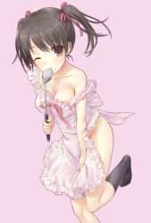 Rule 34 | 1girl, apron, black hair, breasts, brown eyes, cleavage, feet, hair ribbon, highres, long hair, n.g., naked apron, no shoes, one eye closed, original, ribbon, simple background, smile, socks, solo, twintails, wink