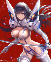 Rule 34 | 1girl, black hair, blue eyes, blunt bangs, breasts, covered erect nipples, cowboy shot, fogriver, glint, holding, holding sword, holding weapon, impossible clothes, junketsu, kill la kill, kiryuuin satsuki, looking at viewer, navel, red background, revealing clothes, simple background, solo, stomach, suspenders, sword, thighhighs, thighs, weapon, white thighhighs