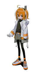 Rule 34 | 1girl, a.i. voice, adachi rei, ahoge, black sweater, closed mouth, full body, gloves, grey skirt, highres, hood, hood down, hooded jacket, jacket, kokaki mumose, long sleeves, looking at viewer, one side up, open clothes, open jacket, orange hair, pantyhose, red eyes, shoes, simple background, skirt, sneakers, solo, standing, sweater, turtleneck, turtleneck sweater, utau, white background