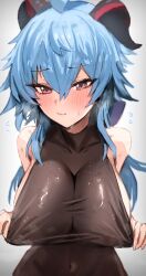 Rule 34 | 1girl, ahoge, bare shoulders, blue hair, blush, breasts, clothes pull, covered navel, flying sweatdrops, ganyu (genshin impact), genshin impact, highres, horn/wood, horns, large breasts, long hair, looking at viewer, pulling own clothes, purple eyes, sideboob, sidelocks, solo, upper body, wavy mouth, wet, wet clothes