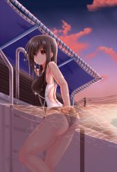 Rule 34 | 1girl, adjusting clothes, adjusting swimsuit, back, breasts, brown eyes, brown hair, chestnut mouth, cloud, competition swimsuit, highres, long hair, looking back, one-piece swimsuit, original, pool, pool ladder, power lines, shouyan, solo, sunset, swimsuit, water, wet, wet clothes, wet swimsuit