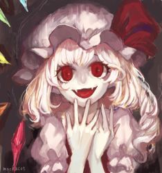 Rule 34 | 1girl, artist name, bad id, bad pixiv id, blonde hair, crazy smile, fangs, fingernails, flandre scarlet, hands up, hat, hat ribbon, head tilt, looking at viewer, mob cap, mochacot, red eyes, red vest, ribbon, shirt, short hair, side ponytail, smile, solo, tongue, touhou, upper body, vampire, vest, white shirt, wings