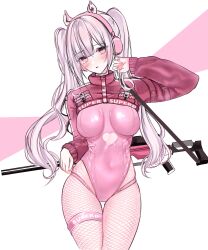 Rule 34 | 1girl, :o, acedia, alice (nikke), animal ear headphones, animal ears, blush, breasts, clothing cutout, covered navel, cropped jacket, fake animal ears, fishnet pantyhose, fishnets, goddess of victory: nikke, gun, headphones, heart cutout, highleg, highleg leotard, highres, jacket, leotard, long hair, medium breasts, pantyhose, pink eyes, pink hair, pink jacket, pink leotard, rifle, sidelocks, skindentation, sniper rifle, solo, strap, thigh strap, twintails, weapon, weapon behind back