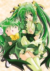 Rule 34 | 1girl, bow, doll, green eyes, green hair, green panties, green thighhighs, legs, maid, matching hair/eyes, melon-chan, melonbooks, panties, ribbon, solo, striped clothes, striped panties, stuffed toy, thighhighs, thighs, twintails, underwear, waitress, yellow bow, yukiwo