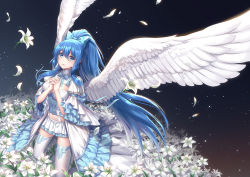 Rule 34 | 1girl, absurdly long hair, althea (sakiya0000), angel wings, blue bow, blue eyes, blue hair, blush, bow, breasts, crop top, feathered wings, floating hair, flower, frilled skirt, frills, hair between eyes, hair bow, high ponytail, kneeling, long hair, medium breasts, midriff, miniskirt, neck ribbon, original, own hands clasped, own hands together, parted lips, petals, pleated skirt, ribbon, skirt, solo, stomach, suspender skirt, suspenders, thighhighs, very long hair, white flower, white skirt, white thighhighs, white wings, wings, zettai ryouiki