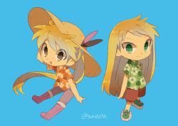 Rule 34 | 1boy, 1girl, alternate costume, blonde hair, blue background, boots, brown eyes, brown shorts, creatures (company), emerald (pokemon), feathers, floral print, full body, game freak, green eyes, green footwear, hat, hat feather, long hair, looking at viewer, nintendo, pink footwear, pokemon, pokemon adventures, ponytail, shirt, shoes, short sleeves, shorts, signature, simple background, smile, straw hat, tokuura, twitter username, very long hair, yellow (pokemon)