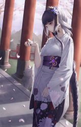 Rule 34 | 1girl, absurdres, braid, breasts, cherry blossoms, commentary, day, earrings, english commentary, falling petals, floral print, flower, genshin impact, hair ornament, has bad revision, has downscaled revision, highres, holding, japanese clothes, jewelry, kimono, large breasts, long hair, long sleeves, md5 mismatch, obi, obiage, obijime, parted lips, petals, purple eyes, purple flower, purple hair, raiden shogun, resolution mismatch, sash, slime nyang, solo, source smaller, tassel, vision (genshin impact), wide sleeves