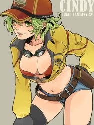 Rule 34 | 1girl, baseball cap, belt, black gloves, blonde hair, breasts, cidney aurum, cleavage, cropped jacket, final fantasy, final fantasy xv, gloves, goggles, goggles around neck, green eyes, hat, jacket, looking at viewer, midriff, navel, panties, payu (pyms11), short hair, short shorts, shorts, simple background, smile, solo, thighhighs, underwear