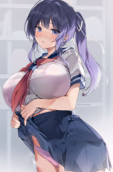 Rule 34 | 1girl, blue sailor collar, blue skirt, blush, bra, bra visible through clothes, breasts, cameltoe, clothes lift, commentary request, grey background, hair between eyes, highres, karory, large breasts, lifting own clothes, long hair, midriff peek, navel, open mouth, original, panties, ponytail, purple bra, purple eyes, purple hair, purple panties, sailor collar, school uniform, serafuku, shirt, sidelocks, skirt, skirt lift, solo, standing, steaming body, underwear, wet, wet clothes, wet panties, white shirt