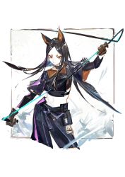 Rule 34 | 1girl, absurdres, animal ears, arknights, black choker, black hair, black pants, black shirt, border, breasts, brown gloves, chinese commentary, choker, closed mouth, commentary, contrapposto, cowboy shot, cropped shirt, dobermann (arknights), dog ears, frown, gloves, highres, long hair, looking at viewer, medium breasts, midriff, navel, outside border, pants, parted bangs, pipidan, red eyes, shirt, sideboob, simple background, solo, thick eyebrows, whip, white background