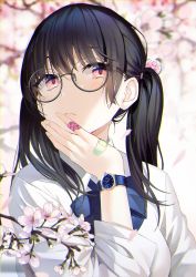 Rule 34 | 1girl, bandaid, bandaid on hand, black-framed eyewear, black hair, blue bow, blue bowtie, blurry, blurry background, blush, bow, bowtie, branch, breasts, brown eyes, cherry blossoms, closed mouth, collared shirt, depth of field, flower, glasses, hair ornament, hand on own chin, hand up, heart, highres, long hair, long sleeves, looking at viewer, medium breasts, original, popuru, round eyewear, semi-rimless eyewear, shirt, sidelocks, solo, twintails, upper body, watch, white flower, white shirt, wristwatch