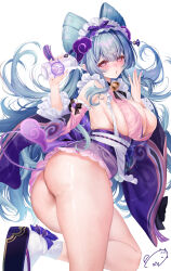 1girl artist_logo ass bell blue_hair blush breasts detached_sleeves genshin_impact hair_ornament hands_up highres holding japanese_clothes large_breasts logo long_hair looking_at_viewer looking_back obiwan purple_eyes purple_nails sideboob simple_background solo tail thighs weisuoxin white_background yumemizuki_mizuki