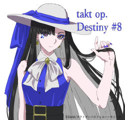 Rule 34 | 1girl, 7070 015, :|, belt, black belt, black hair, blue bow, blue dress, blue eyeshadow, blue nails, bow, butterfly earrings, closed mouth, copyright name, dress, earrings, episode number, eyeshadow, hat, heaven (takt op. destiny), highres, holding, holding own hair, jewelry, long hair, looking at viewer, makeup, multicolored hair, nail polish, pale skin, purple eyes, sleeveless, solo, takt op., two-tone hair, upper body, white hair, white hat