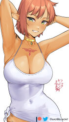 Rule 34 | 1girl, armpits, arms up, bare shoulders, breasts, chest tattoo, choker, cleavage, commentary, covered navel, damobelmont, dress, green eyes, grin, highres, large breasts, looking at viewer, orange hair, original, pointy ears, short hair, sleeveless, sleeveless dress, smile, solo, spaghetti strap, tattoo, upper body, white dress