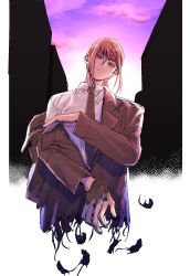 Rule 34 | 1girl, bithmath, black jacket, black necktie, braid, braided ponytail, brown hair, business suit, chainsaw man, cloud, expressionless, formal, head tilt, highres, jacket, long hair, long jacket, looking at viewer, makima (chainsaw man), mouse (animal), necktie, office lady, removing jacket, ringed eyes, suit, sunset, yellow eyes