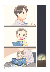 Rule 34 | 2boys, :d, absurdres, blue necktie, blush, book, brown eyes, brown hair, child, collared shirt, comic, crossed ankles, dot nose, father and son, grey pants, grin, highres, holding, holding book, kojiro337, multiple boys, multiple views, necktie, open mouth, original, pants, parted bangs, raised eyebrows, reading, shirt, short hair, silent comic, sitting, sitting on lap, sitting on person, smile, sprout, toddler, white shirt, yellow shirt