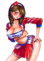 Rule 34 | 1girl, bad id, bad pixiv id, blush, breast hold, breasts, brown eyes, brown hair, cheerleader, choker, cleavage, clothes writing, collarbone, contrapposto, cowboy shot, drill hair, earrings, hairband, hand on own hip, highres, jacket, jewelry, large breasts, leaning forward, long hair, looking at viewer, navel, ootori ichiraku, open clothes, open shirt, original, panties, panty pull, shirt, simple background, skirt, solo, standing, sweat, track jacket, twin drills, twintails, underwear, white background