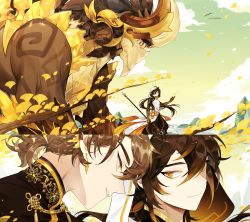 Rule 34 | 2boys, azhdaha (genshin impact), bird, branch, brown hair, chinese clothes, closed mouth, cloud, dl mask, dragon, earclip, earrings, genshin impact, gradient hair, highres, holding, holding weapon, hood, hood up, horns, jewelry, leaf, long hair, male focus, mountain, multicolored hair, multiple boys, multiple views, orange eyes, orange hair, parted lips, personification, polearm, ponytail, robe, sky, spear, weapon, yellow eyes, zhongli (archon) (genshin impact), zhongli (genshin impact)