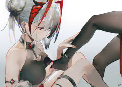 Rule 34 | 2girls, arknights, black hair, breasts, cleavage, cleavage cutout, closed mouth, clothing cutout, feet, grey hair, highres, large breasts, legs, multicolored hair, multiple girls, nail polish, omone hokoma agm, pantyhose, red eyes, red hair, red nails, streaked hair, thighs, w (arknights), yuri