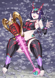 Rule 34 | 1girl, bare shoulders, black fundoshi, black legwear, blush, bnc (bunshi), breasts, chinese clothes, club, club (weapon), collarbone, detached sleeves, dudou, eyeliner, fangs, fate/grand order, fate (series), feet, forehead jewel, fundoshi, headpiece, heart, highres, hip focus, horns, japanese clothes, kanabou, legs, looking at viewer, low twintails, lying, makeup, on back, oni, open mouth, pointy ears, purple eyes, purple hair, rope, short hair, short twintails, shuten douji (fate), shuten douji (fate/grand order), shuten douji (halloween caster) (fate), simple background, skin-covered horns, small breasts, smile, solo, spiked club, star (symbol), thighs, toeless legwear, toes, twintails, weapon, white background