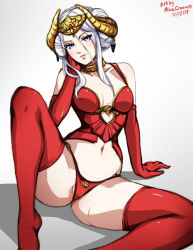 Rule 34 | 1girl, artist name, dated, edelgard von hresvelg, elbow gloves, fire emblem, fire emblem: three houses, gloves, headpiece, horns, mina cream, narrow waist, navel, nintendo, panties, parted lips, partially visible vulva, purple eyes, red gloves, red panties, red thighhighs, simple background, sitting, solo, spread legs, thighhighs, underwear, white hair