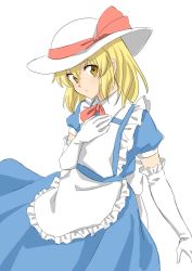Rule 34 | 1girl, apron, back bow, blonde hair, blue dress, blush, bow, closed mouth, dress, elbow gloves, frilled apron, frills, gloves, hand on own chest, haramin3, hat, hat bow, highres, kana anaberal, puffy short sleeves, puffy sleeves, red neckwear, red ribbon, ribbon, short sleeves, simple background, solo, sun hat, touhou, touhou (pc-98), white apron, white background, white bow, white hat, yellow eyes