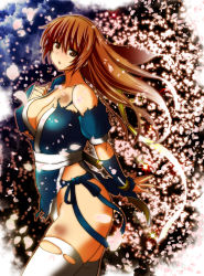 Rule 34 | 1girl, blush, breasts, brown eyes, brown hair, choker, cleavage, collarbone, cowboy shot, dead or alive, from side, japanese clothes, kasumi (doa), kettsu, large breasts, long hair, looking at viewer, looking to the side, ninja, parted lips, pelvic curtain, sash, solo, thighhighs, torn clothes, torn thighhighs, white thighhighs, wrist wrap