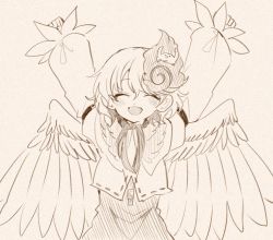 Rule 34 | 1girl, ^ ^, animal, animal on head, arms up, bird, bird on head, bird wings, blush, chick, clenched hands, closed eyes, cropped jacket, dot nose, facing viewer, feathered wings, film grain, greyscale, hair behind ear, hair between eyes, happy, hatching (texture), itomugi-kun, linear hatching, long sleeves, monochrome, neckerchief, niwatari kutaka, on head, open mouth, polka dot, puffy long sleeves, puffy sleeves, ribbon trim, sepia, sepia background, short hair, simple background, sketch, sleeve garter, smile, solo, touhou, upper body, wings