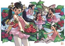Rule 34 | 6+girls, animal, ballerina, ballet slippers, black hair, blue sky, blush, breasts, brown hair, cat, dew drop, eating, fairy, fairy wings, flower, food, fruit, hair flower, hair ornament, hat, insect wings, leaf, leotard, leotard peek, long hair, mini person, minigirl, multiple girls, nanami tomorou, open mouth, original, outside border, pantyhose, pink leotard, pink pantyhose, pointy ears, ponytail, raspberry, shoes, signature, sky, small breasts, smile, sparkle, surprised, tutu, twintails, water drop, wings, yellow leotard