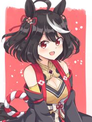 Rule 34 | 1girl, absurdres, ahoge, animal ears, black dress, black hair, black sleeves, cleavage cutout, clothing cutout, detached sleeves, dress, hair ornament, highres, horse ears, horse girl, japanese clothes, kitasan black (umamusume), looking at viewer, multicolored hair, open mouth, red eyes, rope, shimenawa, shiraha maru, short hair, sleeveless, sleeveless dress, smile, solo, streaked hair, two-tone hair, two side up, umamusume, white hair
