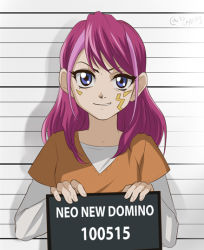 Rule 34 | 1girl, alternate hairstyle, autumn-sacura, blue eyes, facial mark, height chart, hiiragi yuzu, holding, holding sign, mugshot, official style, pink hair, placard, prison clothes, sign, smile, solo, upper body, yu-gi-oh!, yu-gi-oh! arc-v