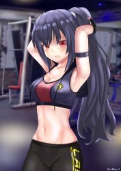 Rule 34 | 1girl, absurdres, arm band, armband, armpits, arms behind head, bare shoulders, black hair, breasts, cleavage, exercising, gym, hairband, happy, highres, long hair, medium breasts, navel, neptune (series), noire (neptunia), open mouth, playing sports, ponytail, red eyes, ryori 11, shorts, smile, sports bra, sporty, stomach, stretching, sweat, training, tsundere, work out