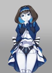 Rule 34 | 10s, 1girl, bad id, bad pixiv id, black hair, black panties, blue eyes, blue hair, bow, breasts, clothes lift, colored inner hair, commentary request, doll joints, dress, frilled panties, frills, garie tuman, gradient background, grey background, grin, hairband, highres, joints, legs apart, legs together, long sleeves, looking at viewer, medium breasts, multicolored hair, navel, pale skin, panties, puffy sleeves, senki zesshou symphogear, sharp teeth, short hair, skirt, skirt lift, smile, solo, standing, teeth, thigh gap, two-tone hair, underwear, yoi naosuke