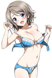 Rule 34 | 10s, 1girl, blue bra, blue eyes, blue panties, blush, bow, bow bra, bow panties, bra, breasts, cleavage, collarbone, cowboy shot, hair ornament, highres, light brown hair, looking at viewer, love live!, love live! sunshine!!, medium breasts, navel, panties, sankuro (agoitei), simple background, smile, solo, strap pull, underwear, underwear only, undressing, open bra, watanabe you, white background