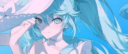 Rule 34 | 1girl, absurdres, blue background, blue choker, blue eyes, blue hair, blush, choker, closed mouth, collarbone, commentary, hat, unworn hat, hatsune miku, unworn headwear, highres, holding, holding clothes, holding hat, linnnp, long hair, looking at viewer, simple background, smile, solo, teeth, twintails, upper body, upper teeth only, very long hair, vocaloid