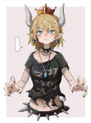 Rule 34 | ..., 1girl, beige background, black nails, black shirt, blonde hair, blue eyes, bowsette, claw pose, collar, collarbone, commentary request, earrings, fingernails, frown, highres, horns, jewelry, mario (series), nail polish, navel, navel piercing, new super mario bros. u deluxe, nintendo, piercing, pointy ears, punk, sharp fingernails, shirt, short hair, simple background, sketch, solo, speech bubble, spiked belt, spiked collar, spikes, spoken ellipsis, super crown, sweatdrop, t-shirt, tabao, torn clothes, torn shirt, upper body