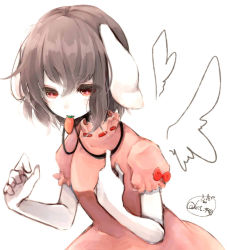 Rule 34 | 1girl, animal ears, bad id, bad pixiv id, black hair, rabbit ears, carrot, chita (ketchup), colored skin, dress, female focus, inaba tewi, jewelry, looking up, mouth hold, necklace, pink dress, puffy sleeves, red eyes, short hair, short sleeves, simple background, solo, touhou, turtleneck, twitter username, upper body, white background, white skin, wings