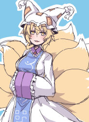 Rule 34 | 1girl, :d, animal ears, blonde hair, blue background, dress, fox ears, fox girl, fox tail, frilled dress, frills, hat, highres, kuro-ekaki, looking at viewer, mob cap, multiple tails, open mouth, outline, short hair, smile, solo, tail, touhou, white dress, white outline, yakumo ran, yellow eyes