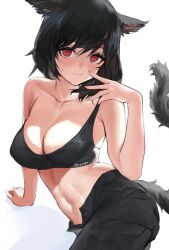 Rule 34 | 1girl, animal ears, arm support, warrior of light (ff14), black hair, black pants, blush, breasts, cat ears, cat tail, cleavage, cowboy shot, cyobiro, final fantasy, final fantasy xiv, hand on own cheek, hand on own face, highres, looking at viewer, medium breasts, midriff, miqo&#039;te, navel, pants, reclining, red eyes, short hair, smile, solo, sports bra, sweatdrop, tail