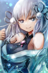 1girl blue_eyes breasts cleavage dress duel_monster grey_hair hatano_kiyoshi highres japanese_clothes kimono long_hair looking_at_viewer off-shoulder_dress off_shoulder smile solo white_kimono yu-gi-oh! yuki-onna_the_ice_mayakashi