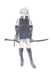 Rule 34 | 1boy, boots, closed mouth, cross-laced footwear, elbow gloves, full body, gloves, grey footwear, grey gloves, high collar, highres, holding, holding sword, holding weapon, knee boots, lace-up boots, male focus, nier, nier (series), nier (brother), ponytail, profile, quxiaochong, shorts, simple background, solo, standing, sword, weapon, white background, white hair, white shorts