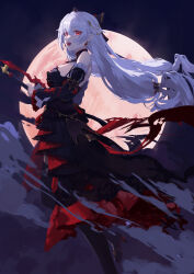 Rule 34 | 1girl, absurdres, black thighhighs, breasts, dress, earrings, eira akatsuki, full moon, hair ornament, highres, honkai (series), honkai impact 3rd, jewelry, large breasts, long dress, long hair, moon, red eyes, solo, theresa apocalypse, theresa apocalypse (luna kindred), theresa apocalypse (lunar vow: crimson love), thighhighs, twintails, vampire, white hair