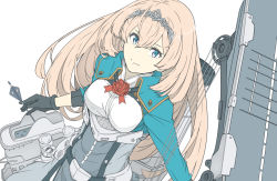 Rule 34 | 1girl, arrow (projectile), black gloves, blonde hair, blue eyes, bow (weapon), breasts, compound bow, corset, cropped jacket, dress shirt, flight deck, flower, gloves, hairband, kantai collection, long hair, looking at viewer, medium breasts, military, military uniform, ninimo nimo, quiver, red flower, red rose, rose, shirt, simple background, smile, solo, tiara, uniform, upper body, victorious (kancolle), weapon, white background, white shirt