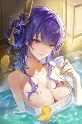 1girl alternate_hairstyle breasts choko_(cup) collarbone cup genshin_impact hair_ornament hair_up highres large_breasts looking_at_viewer naked_towel nong_345 onsen parted_lips partially_submerged petals purple_eyes purple_hair raiden_shogun rubber_duck solo towel upper_body wet