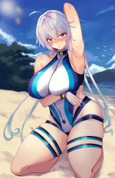 Rule 34 | 1girl, absurdres, ahoge, arm up, beach, blue one-piece swimsuit, breasts, competition swimsuit, cosplay, curvy, day, fate/grand order, fate (series), highleg, highleg swimsuit, highres, large breasts, leotard, light purple hair, long hair, looking at viewer, low twintails, multicolored clothes, multicolored swimsuit, one-piece swimsuit, outdoors, purple eyes, purple one-piece swimsuit, sand, senki zesshou symphogear, shiny skin, skindentation, solo, swimsuit, thighs, tomoe gozen (fate), tomoe gozen (swimsuit saber) (fate), tomoe gozen (swimsuit saber) (fate) (cosplay), tomoe gozen (swimsuit saber) (first ascension) (fate), twintails, udon (udonalium), water, white one-piece swimsuit, yukine chris