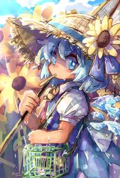 Rule 34 | back bow, blue bow, blue dress, blue eyes, blue hair, bow, butterfly net, cirno, collared shirt, dress, field, flower, flower field, flower ornament, food in mouth, hand net, hat, highres, ice, ice wings, mame komari, neck ribbon, popsicle, popsicle in mouth, puffy short sleeves, puffy sleeves, red ribbon, ribbon, shirt, short hair, short sleeves, straw hat, sunflower, sunflower field, sweat, touhou, white bow, wings