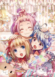 Rule 34 | 3girls, :3, ahoge, animal, animal ears, blonde hair, blue eyes, blue hair, blush, blush stickers, bow, bowtie, breasts, cat, cat ears, cat hair ornament, choker, cleavage, collarbone, closed eyes, fang, hair bow, hair ornament, hairband, hands on another&#039;s head, indoors, lamp, long hair, looking at another, multiple girls, open mouth, original, pillow, pink hair, plaid, purple eyes, ribbon choker, riolabo, short hair, signature, striped, wristband
